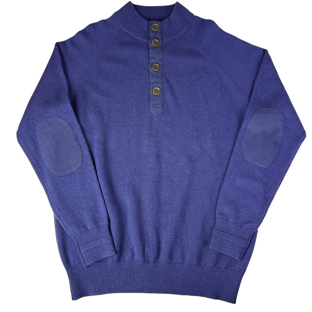 Beretta Mens XXL‎ Knit Sweater Blue Button Mock Neck Wool Blend Elbow Patch
